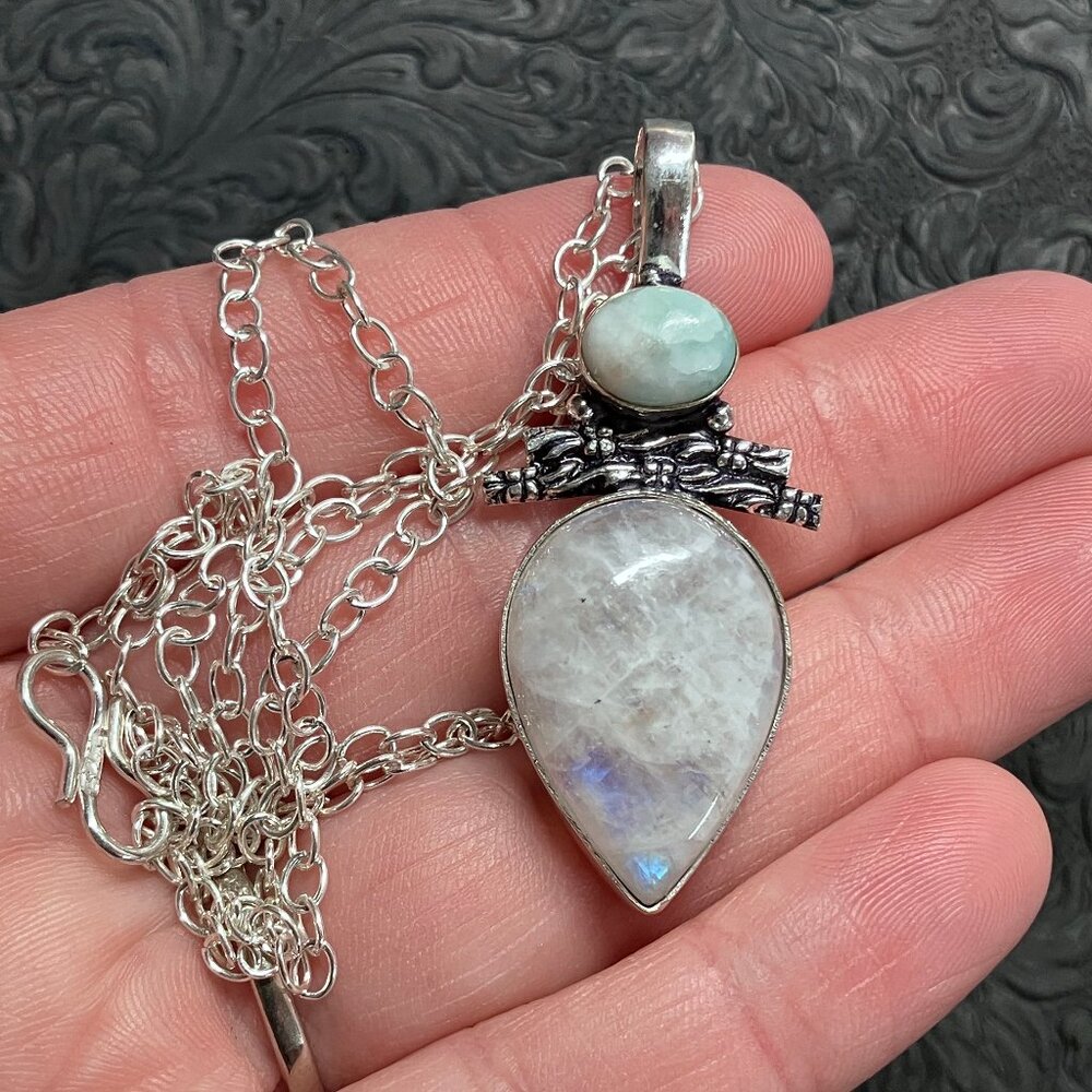 Witchy Rainbow Moonstone and Larimar Necklace Pendant